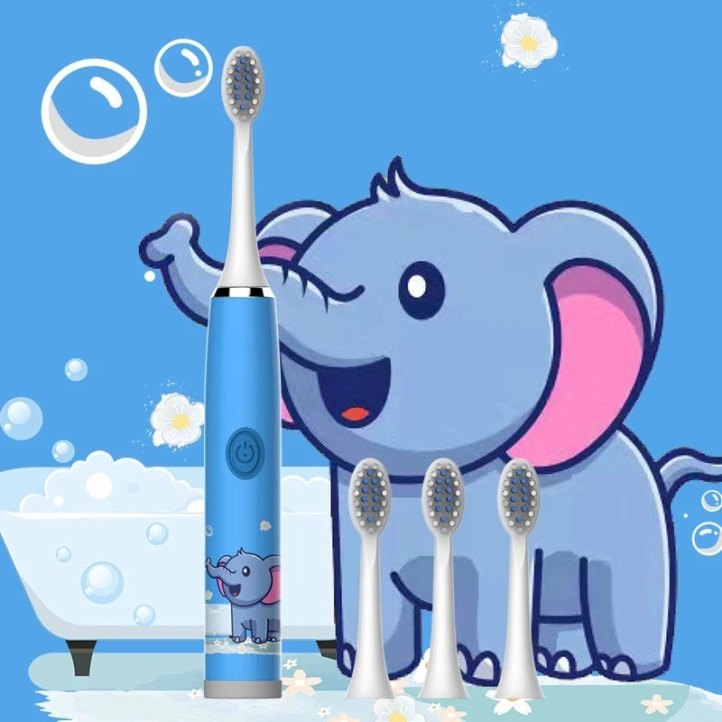 Sonic Children Electric Toothbrush + 6 Heads Full Set Rechargeable Colorful Cartoon Brush For Kids Automatic IPX7 Waterproof With Replacement Head Children Oral Hygiene Supplies