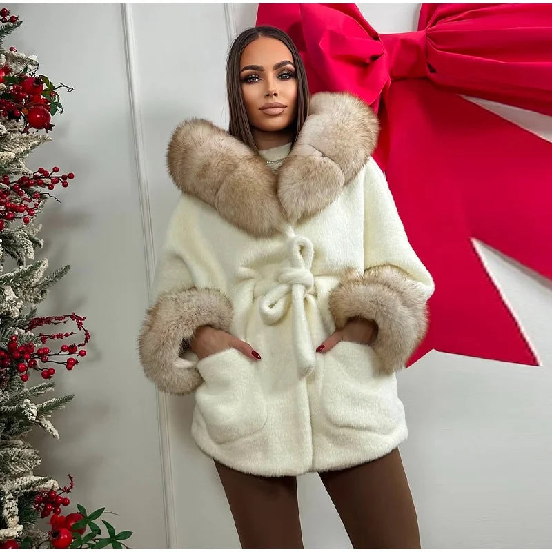 UK Size White/Gray/Brown/Black Color Hoody Mink  Fur Furry Coats Women Fashion Belt Long Sleeve Pocket Thicken Warm Jacket Autumn Winter Urban Lady Streetwear