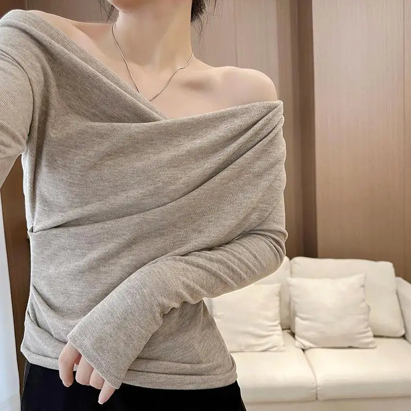 NEW Arrivals S-XL 3 Colors Popular Online Thickened Fleece Long Sleeve Women's Base Shirt Shoulder Bared Oversize Casual Fashion Trend Spring Autumn Ladies Clothes
