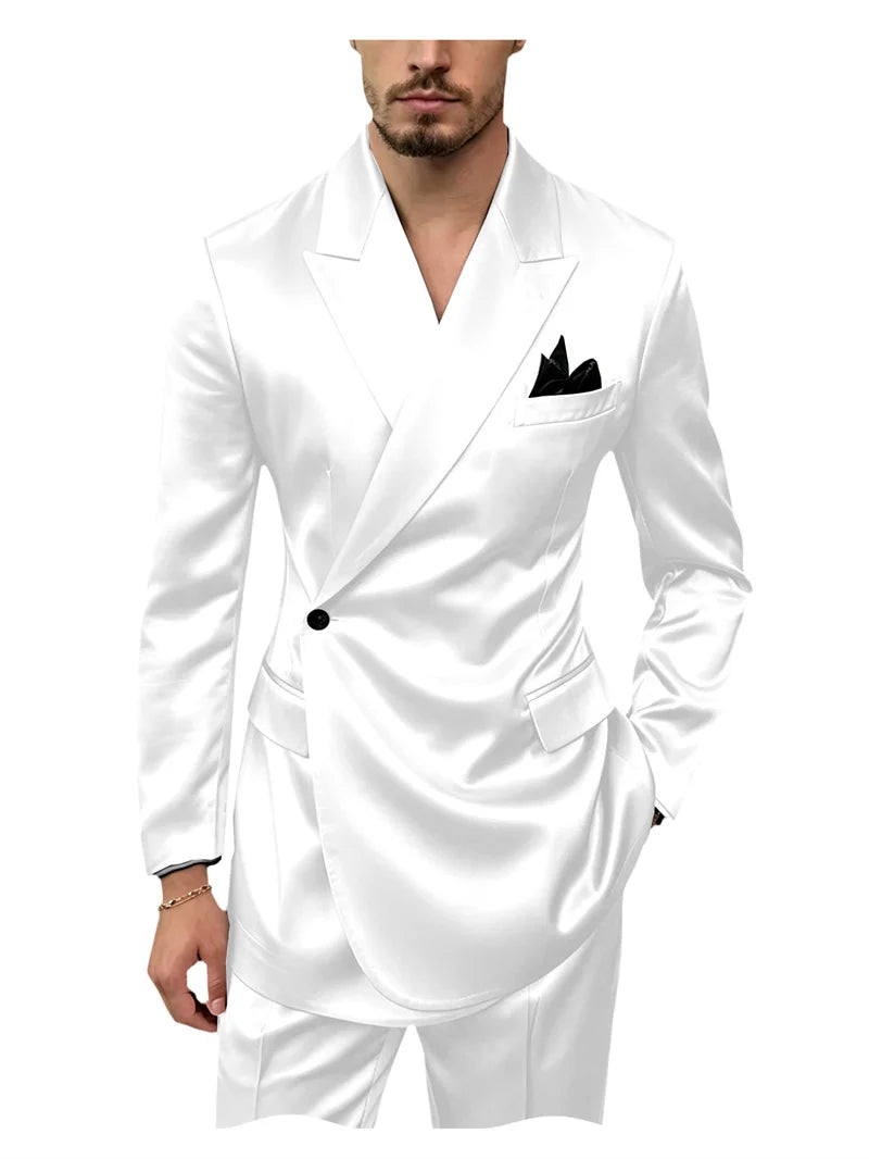 8 Colors 2 PCS Set S-7XL Extra Plus Size Men's Luxury Satin Suit Asymmetrical Wrap Peak Lapel Silk Suit One Button Slim Fit Blazer Pants Wedding Celebrity Red Carpet Business Formal Evening Luxury Outfit