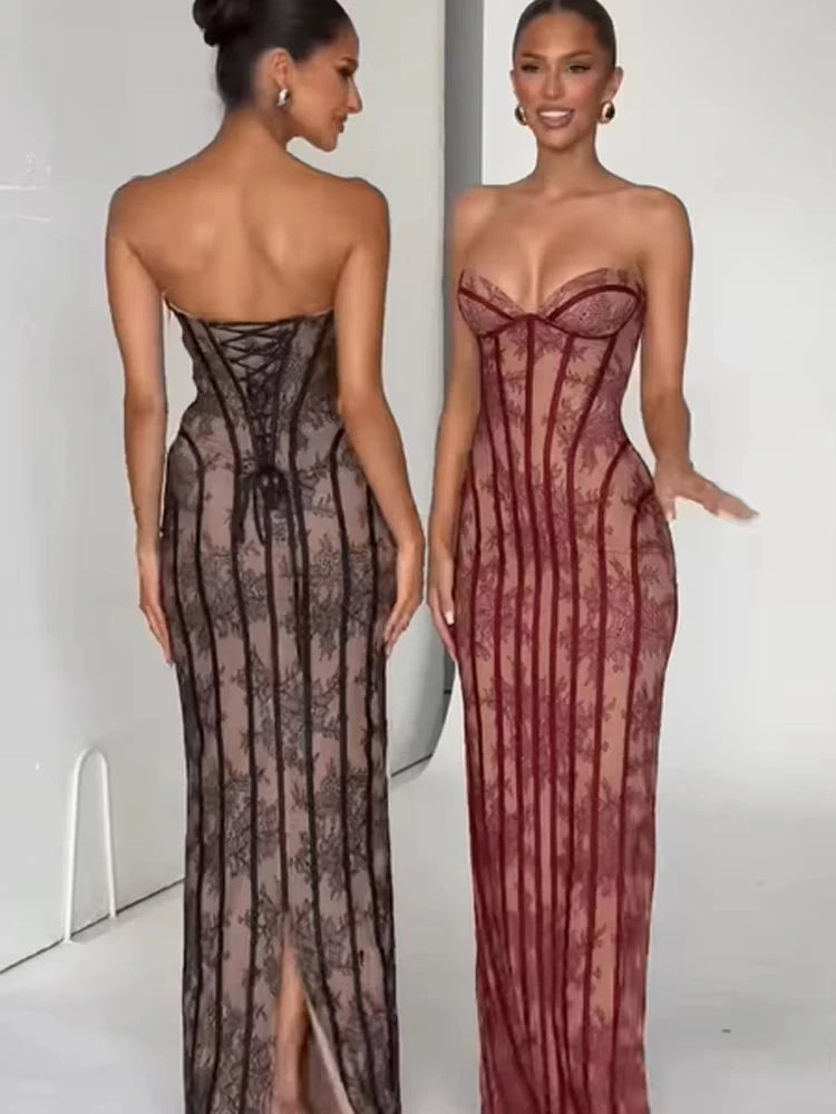 Black/Red Color French Style Chic Gauze  Strapless Sexy Maxi Dress Women Backless Off-Shoulder Waist Cinching Slim Lady Evening Party Gowns