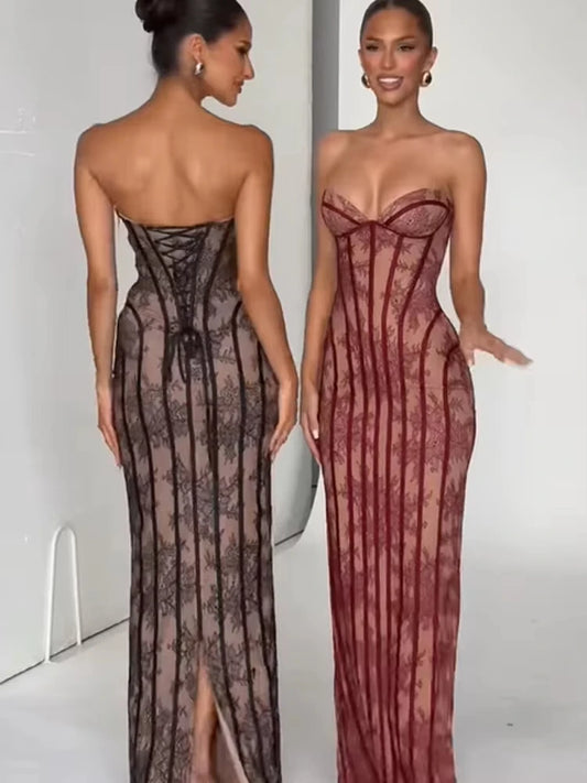 Black/Red Color French Style Chic Gauze  Strapless Sexy Maxi Dress Women Backless Off-Shoulder Waist Cinching Slim Lady Evening Party Gowns