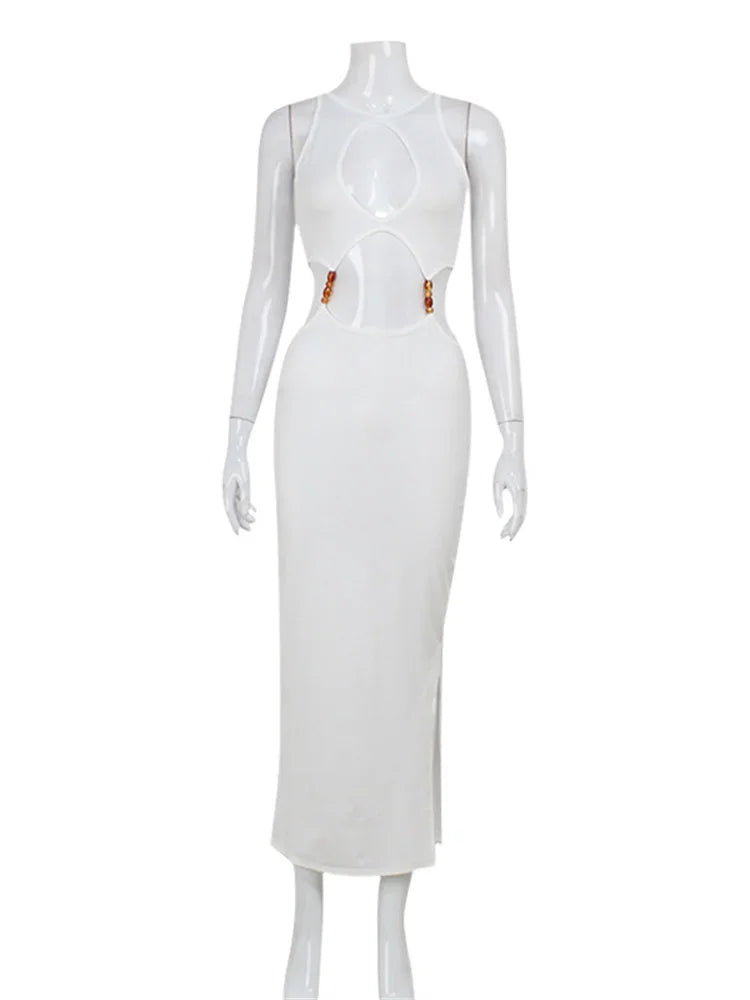 Black/White Color Sexy Hollow Waistless Maxi Dress Women Y2K Bead Splits Elegant Summer Evening Beach Party Night Clubwear Prom Skinny Simple Classic Solid Sleeveless Dress