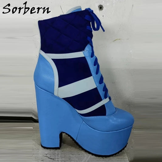 Sorbern Blue 18cm Block High Heel Sneaker Lace Up Ankle Boots Unisex Custom Colors Round Toes Chunky Heeled Wedge Boots