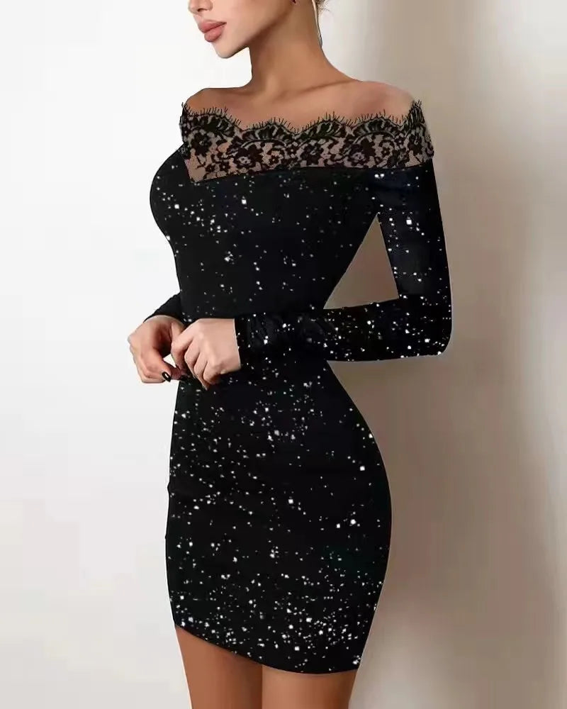 New Arrivals Luxury Spring Women's Female Elegance, Leisure, Sexy Long Sleeved Lace Edge, One Shoulder Silver Powder Sprinkled Dress Evening Wedding Birthday Party Night Clubwear Girls Ladies Luxury Fashion Clothing Supplies