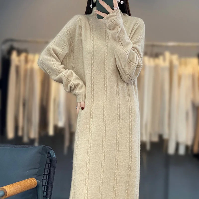 4 Colors 100% Pure Cashmere Dress High Collar Women's Winter Warm New Style Slimming Fashionable Versatile Loose Wool Long Dress