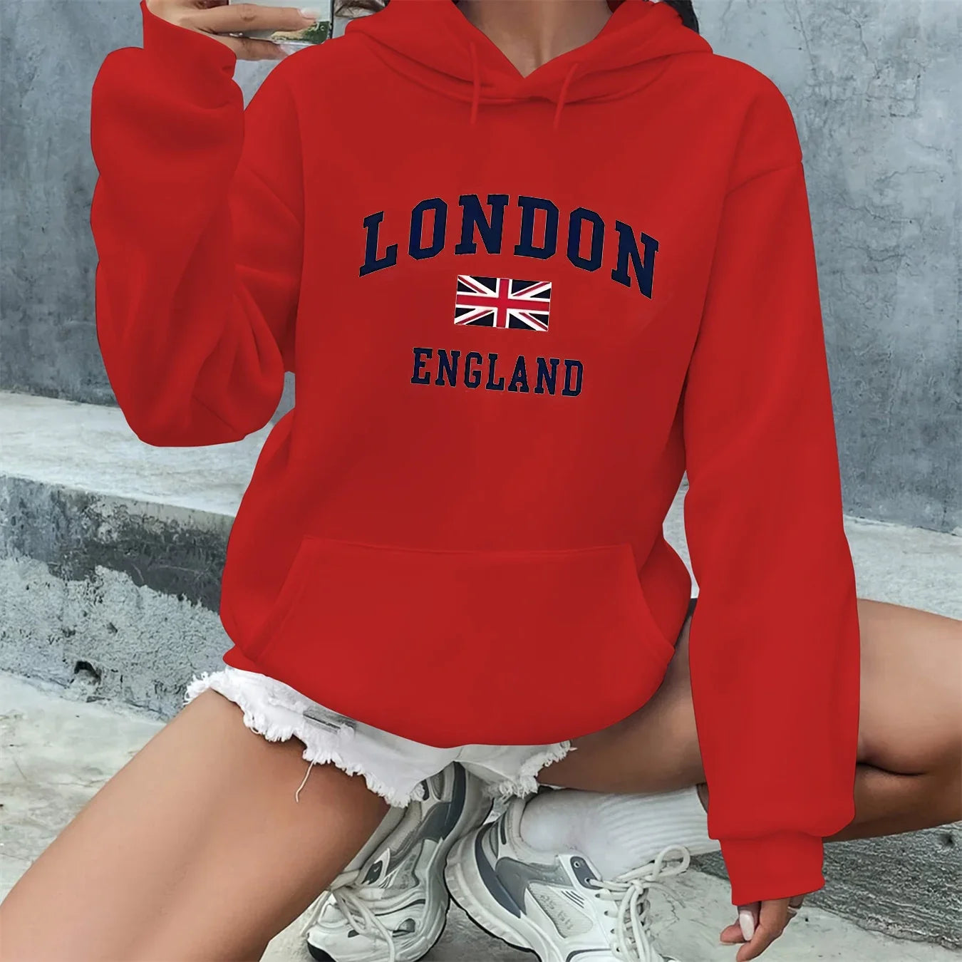 NEW Arrivals S-3XL UK Plus Size 6 Colors Women's Autumn and Winter Casual Fashion Loose London England Hooded Drawstring Long Sleeved Warm Pullover Girls Streetwear Sports Clothing