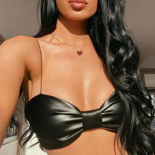 NEW Arrivals Spring Summer Women Sexy Camis Evening Beach Party Night Club Backless Spaghetti Tees Solid Black Leather V-Neck Tops Crop Tank Tops Girls Sexy Fashion Apparel Accessories