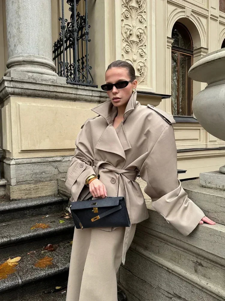 2 Colors UK Size Solid Lace Up Trench Coat Women Fashion Full Sleeve Waist Cinching Short Windbreak New Autumn Office Commute Outwear