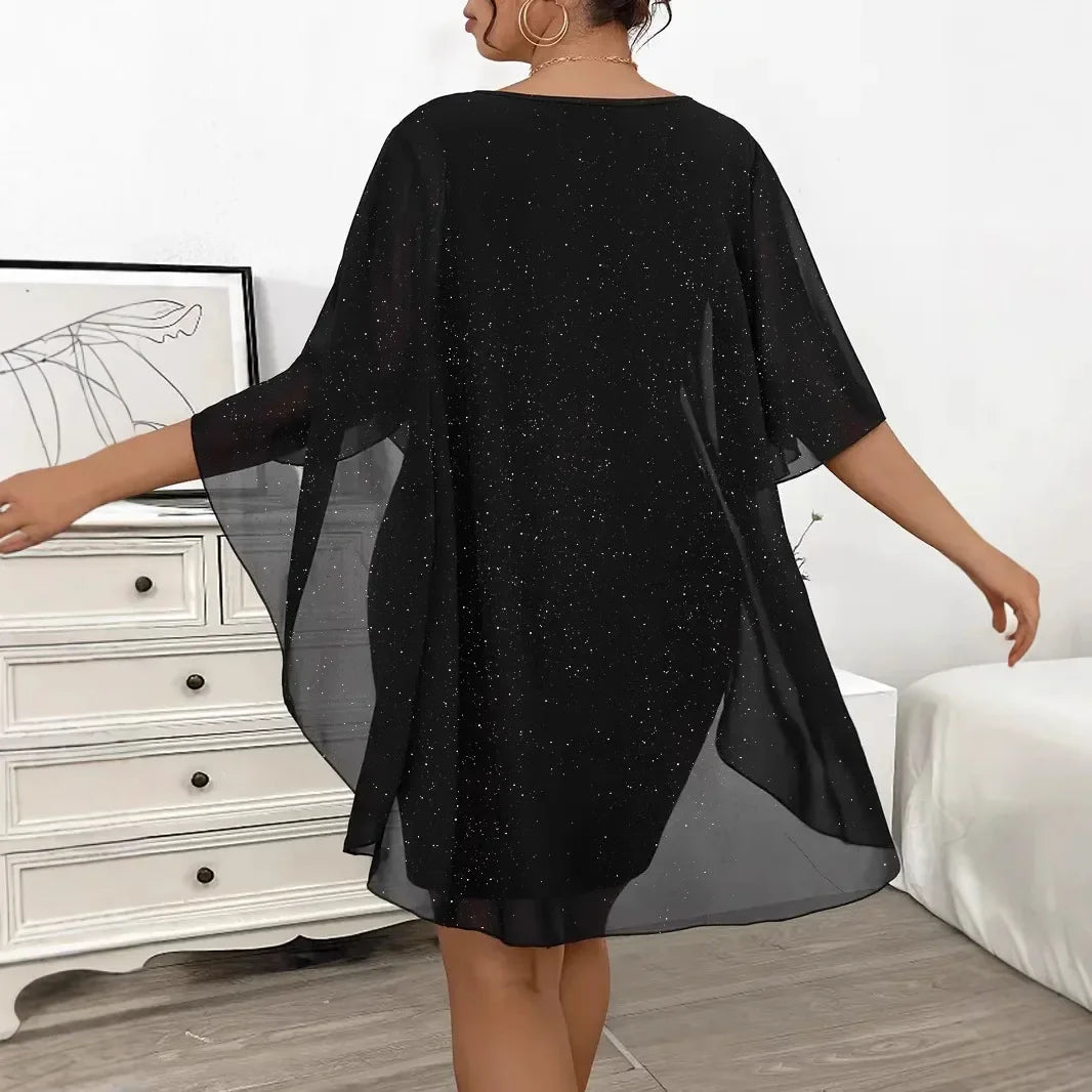 NEW Arrivals XL-4XL Plus Size Silver Heat Transfer Asymmetrical Chiffon Shoulder Wrap Black Dress Curvy Women's Fashion Cross-Border Large Code Formal Evening Dress