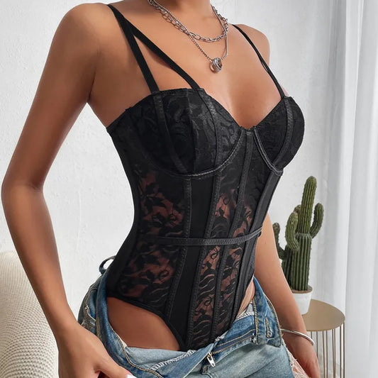 CINOON Ladies Sexy Lace Corset Hot Embroidered Bodysuit Lingerie Elasticity Push up Underwear Women Mesh Material Bustier