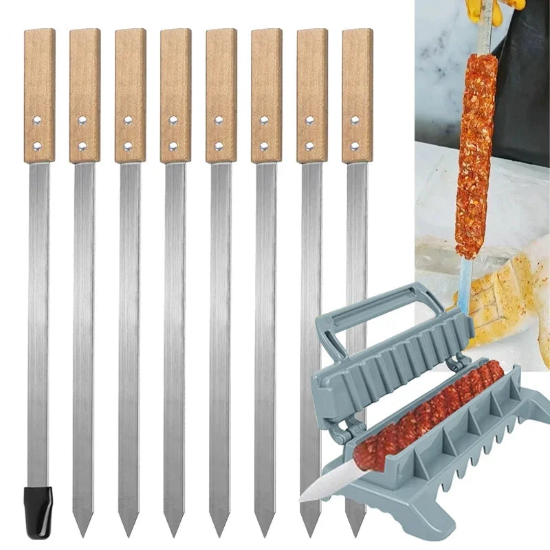 NEW Set Outdoor Camping Barbeque Kebab Mold Tools 8/9inch Flat Stainless Steel BBQ Kebab Kiofte Skewer Row Kebab Maker for Home Barbeque Party