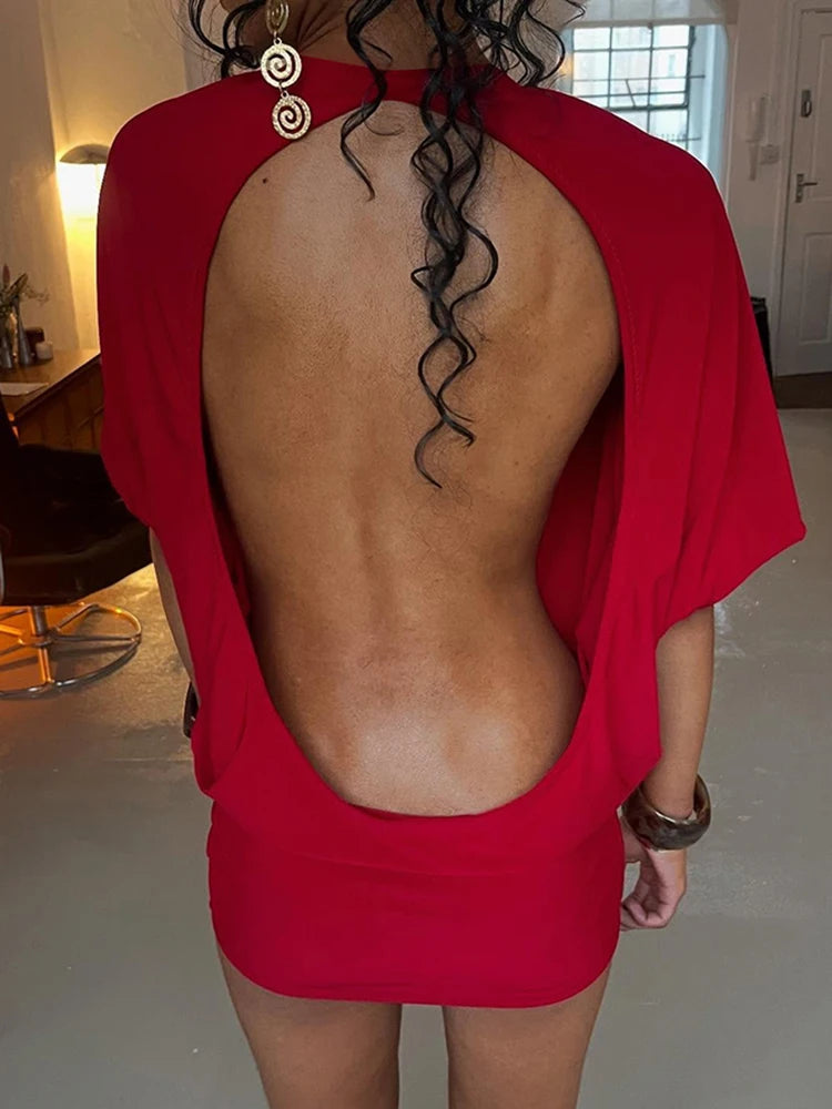 Black/Red Color Solid Sexy Backless Women Mini Dress Trend Summer Evening Bach Party Night Clubwear Prom Sexy Chic Half Sleeve Crew Neck Body-Shaping Frock Party Outfits