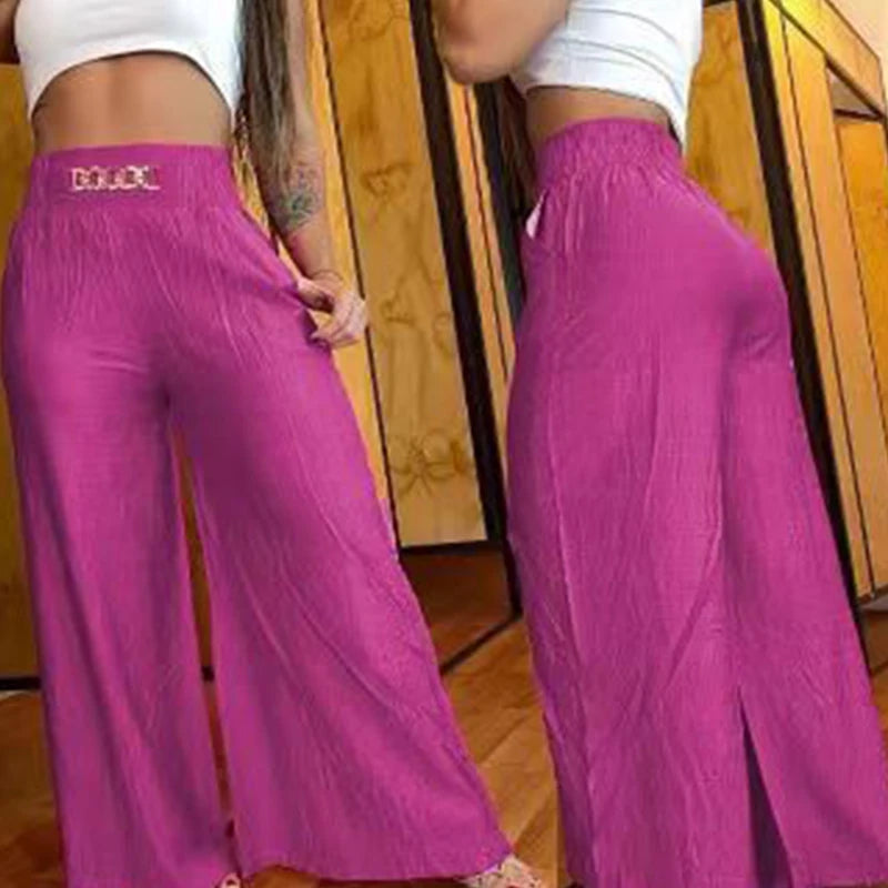High Waist Solid Color Wide Leg Pants Summer Chic Loose Elegant Metal Flared Pant Office Ladies Straight Holiday Women Trousers