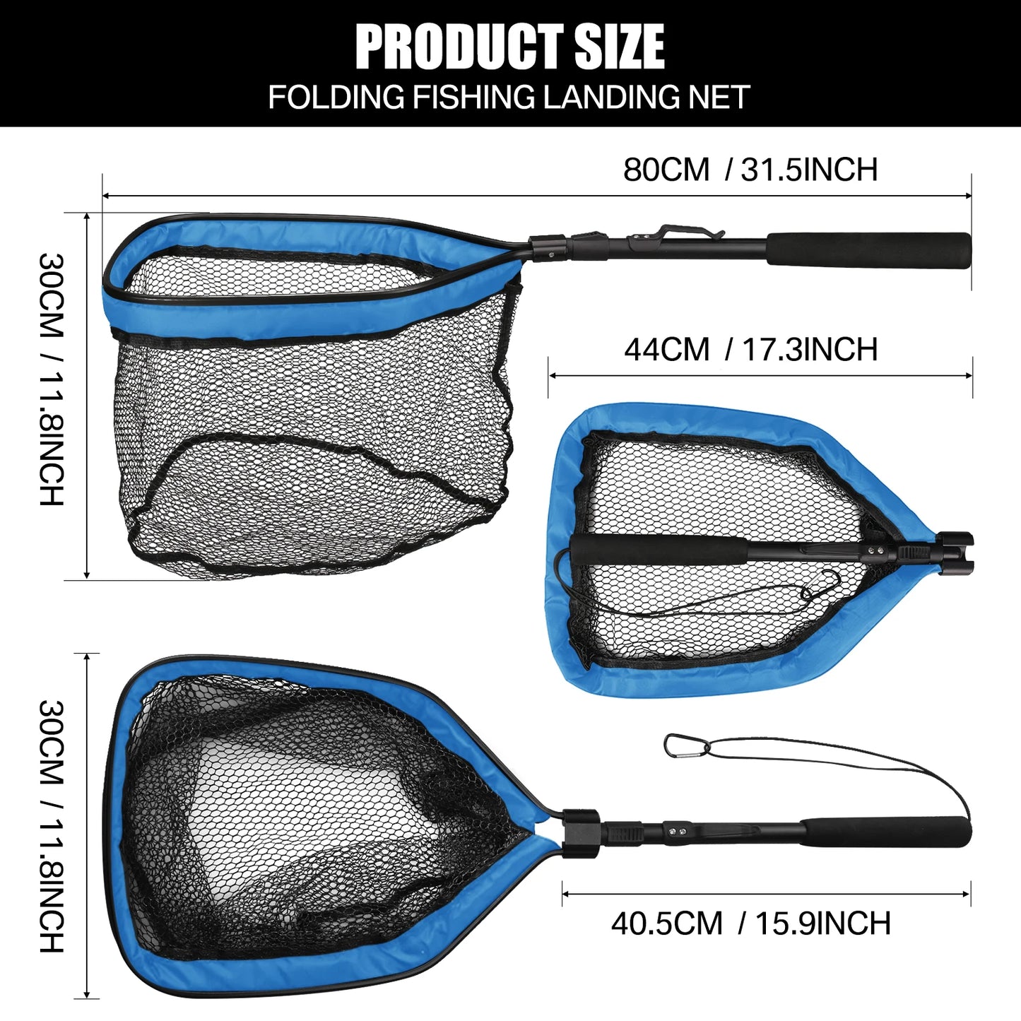 Fishing Landing Net Aluminum Alloy Durable Telescoping Extend to 190cm/130cm/55cm Folding Mesh Safe Fish Catching Releasing Fishing Accessory Sets