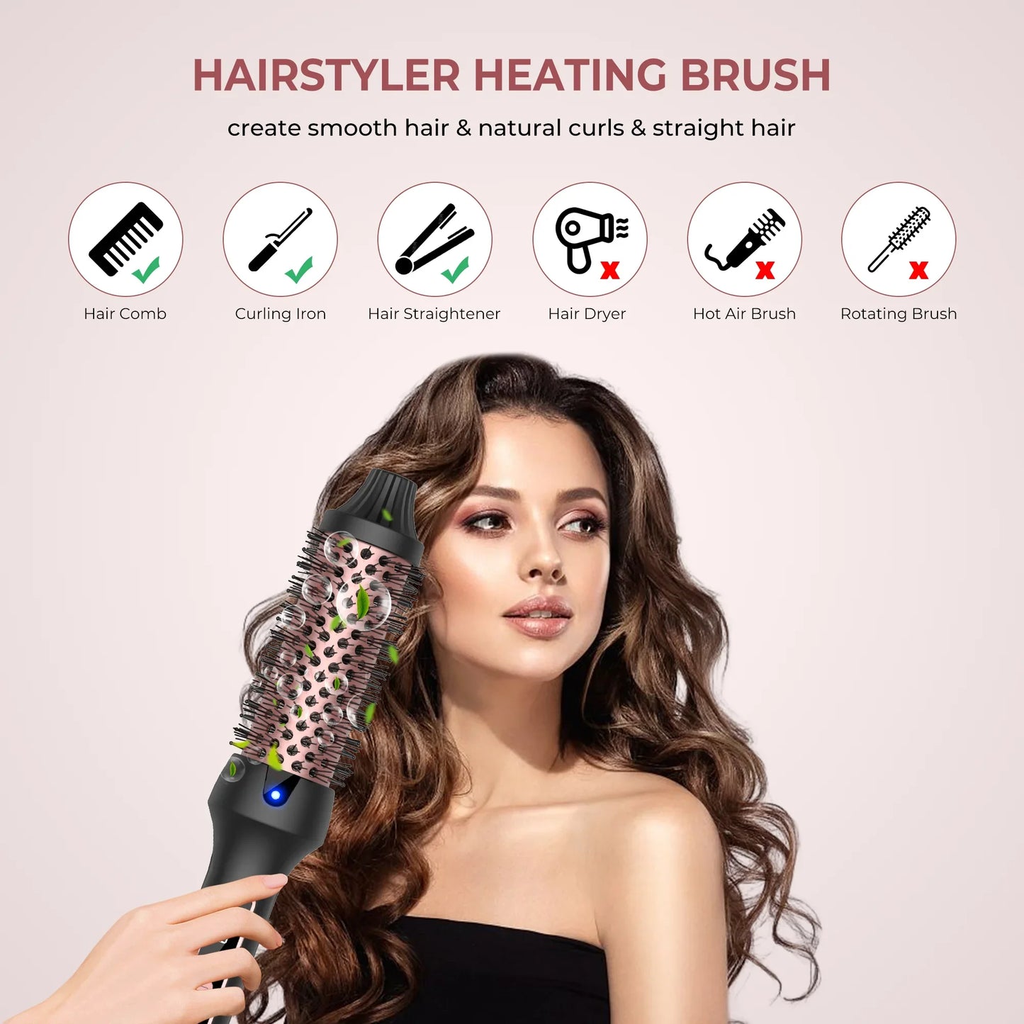 UK Plug Heated Styling Brush 3-in-1 Ionic Hair Curler/Straightener with Anti-Scald Electric Curl Wand Curling Iron Hair Styling Tools