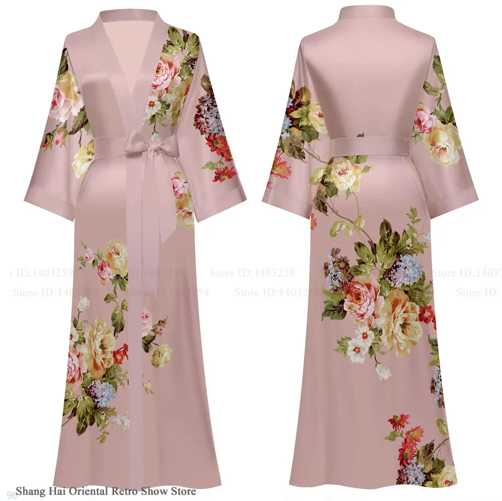 NEW Luxury Japanese Silk Elegant Flower Women Long Robe Loungewear Silky Satin Kimono Bathrobe Gown Spring Autumn New Sleepwear Home Dress Negligee