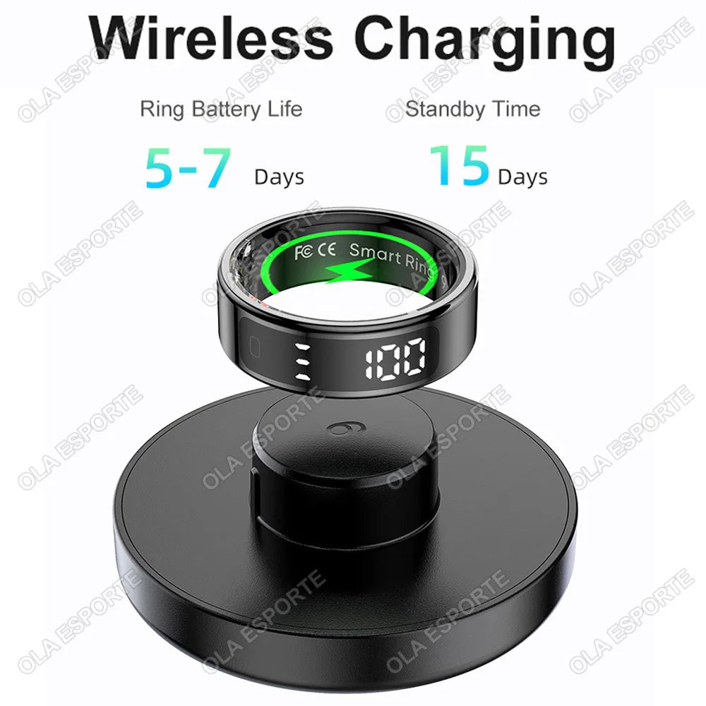 New Women Elderly Men Smart Ring with Wireless Charger Gesture Brush Tik-Tok Display Screen Health Monitoring IP68 5ATM Waterproof Rings Health Care Supplies