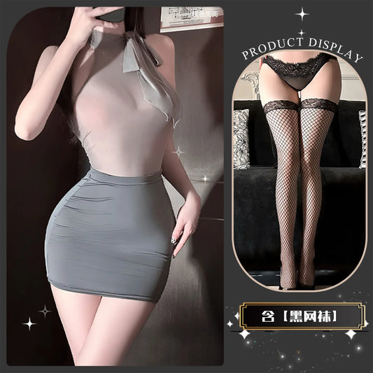 Sexy Lace Cosplay Uniform + Stockings  Set Stewardess Secretary Mini Skirt Hollow out Design Pure Desire Role Play Costume Women's Underwear
