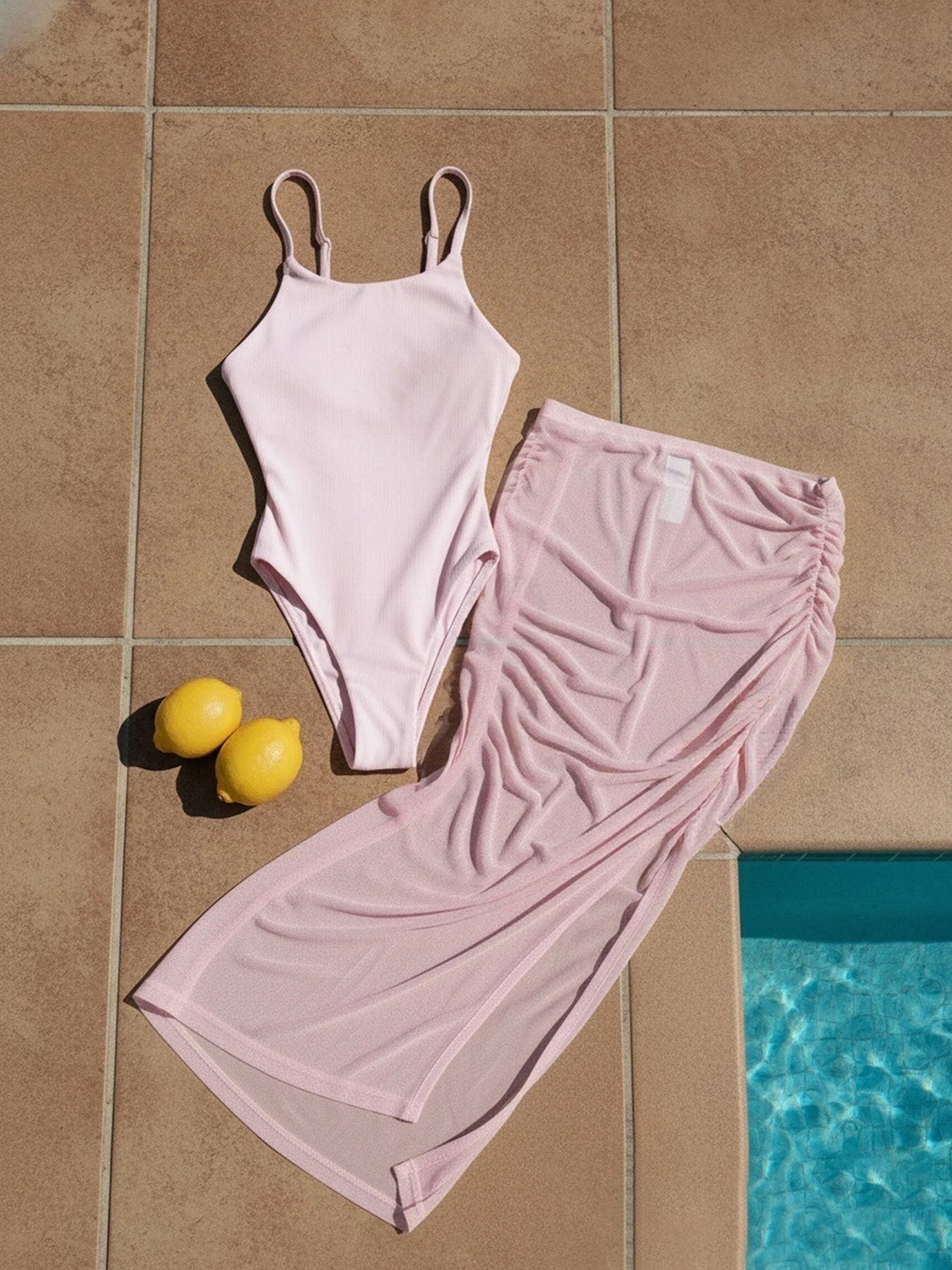 2 PCS Set Black/Ivory/Pink Color Halter Monokini with Sheer Skirt Ruched Mesh Cover-Up Elegant Swimsuit New Swimwear Beach Holiday Wear K301 Women's Bathing Apparel Suits