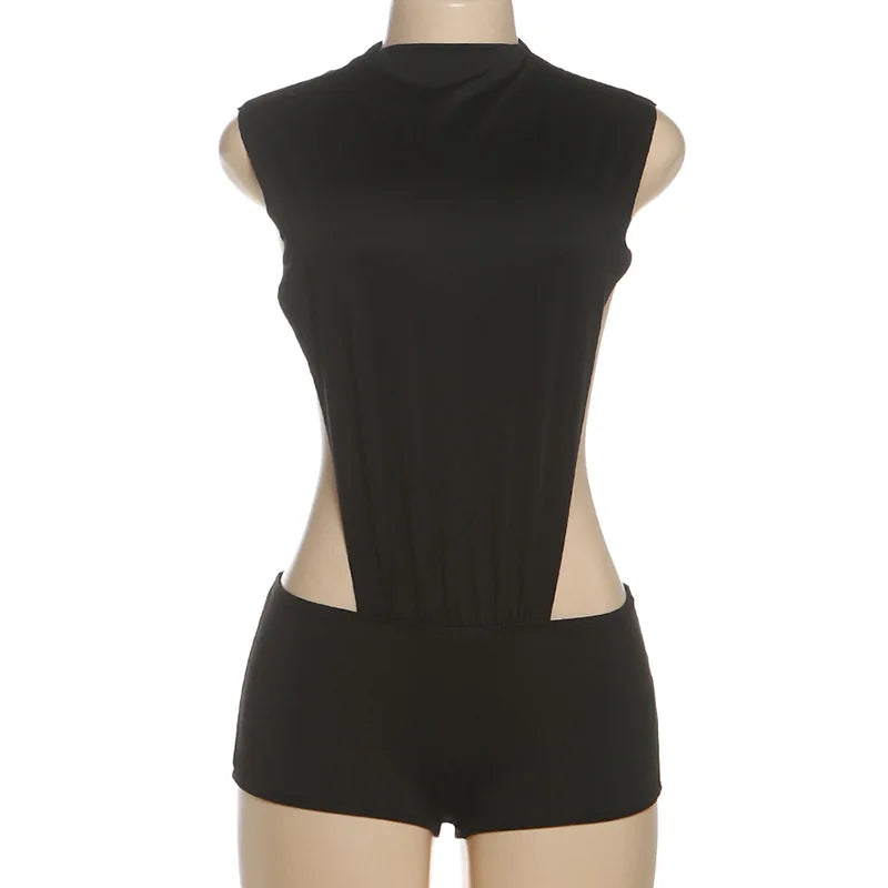 Sexy Sleeveless Bodysuit for Women Mock Neck Side Cutout Bodycon Jumpsuit Rompers Evening Party Night Club Outfits