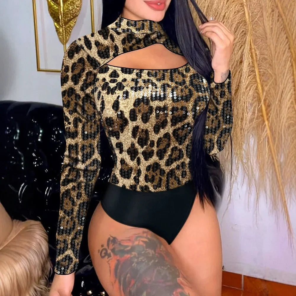 NEW Bodysuit Women Fall New Leopard Shirt Leopard Pattern Mock Neck Long Sleeve Skinny Contrast Sequin Hollow Out Overalls Ladies Sexy Fashion Clothing Supplies