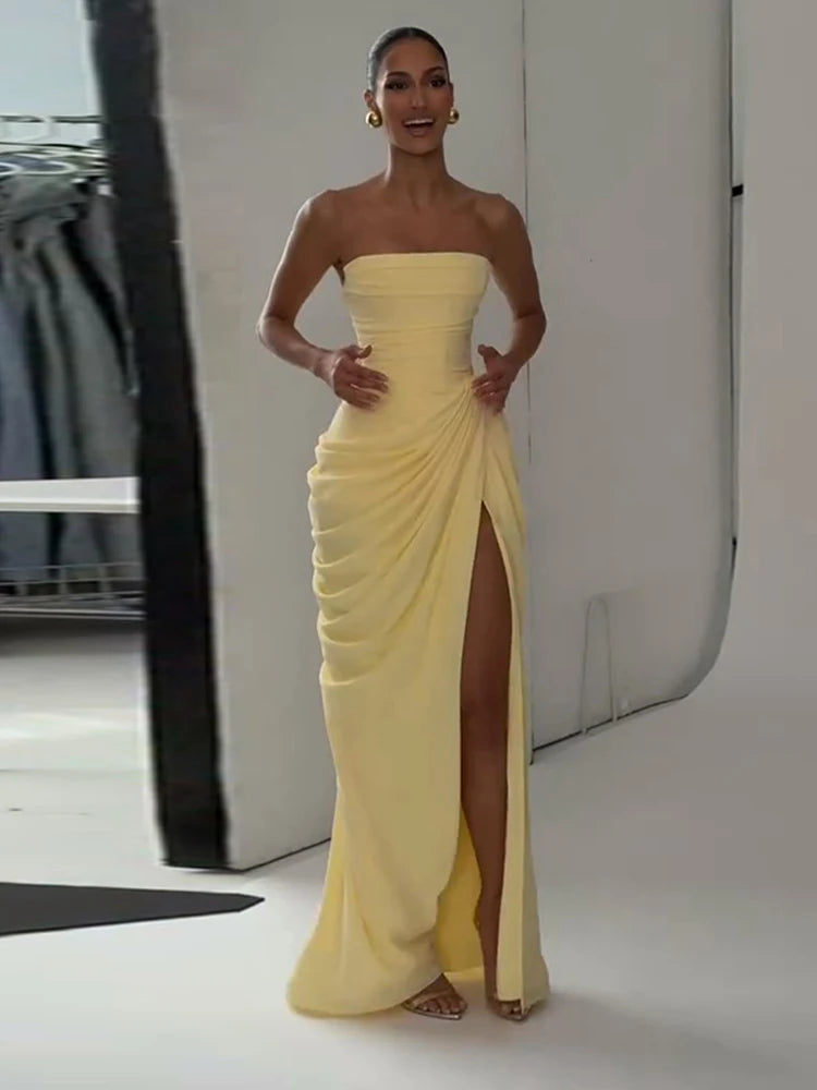 7 Colors Elegant Strapless Women's Dresses Sleeveless Waist Cinching Pleated Split Party Dress Spring Summer Evening Party Trendy Female Fashion