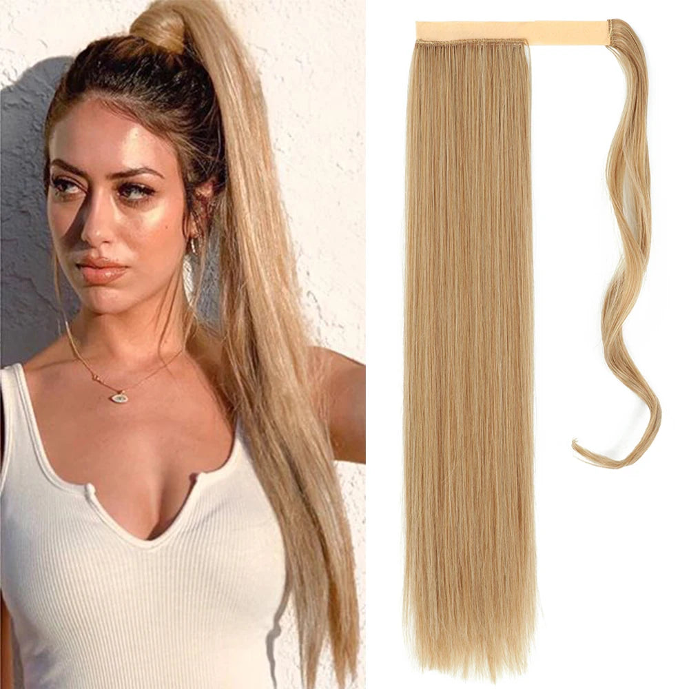 NEW  Synthetic Long Straight Wrap Around Clip In Ponytail Hair Extension Can Be Permed Heat Resistant Pony Tail Fake Hair