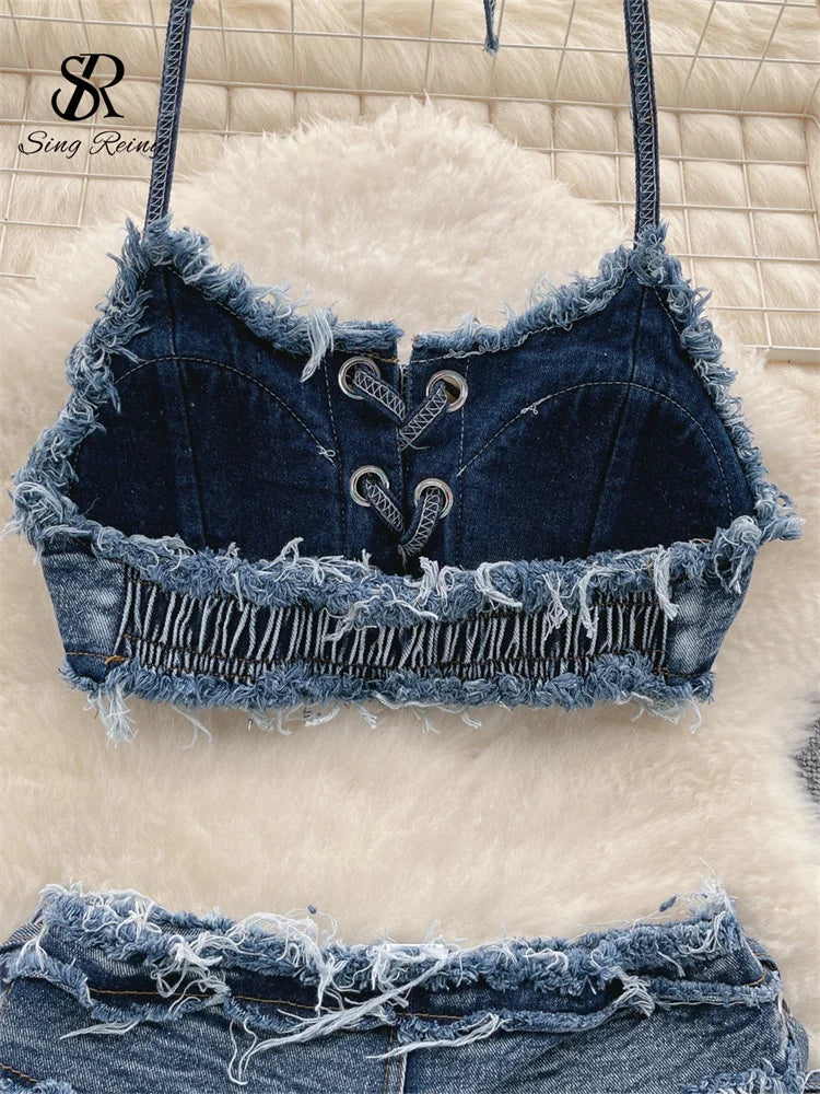 SINGREINY Retro Women Bikini Denim Suits Summer Halter Camis+ Mini Pant Lingerie Fashion Vacation Swimsuits Sexy Bra&Briefs Sets