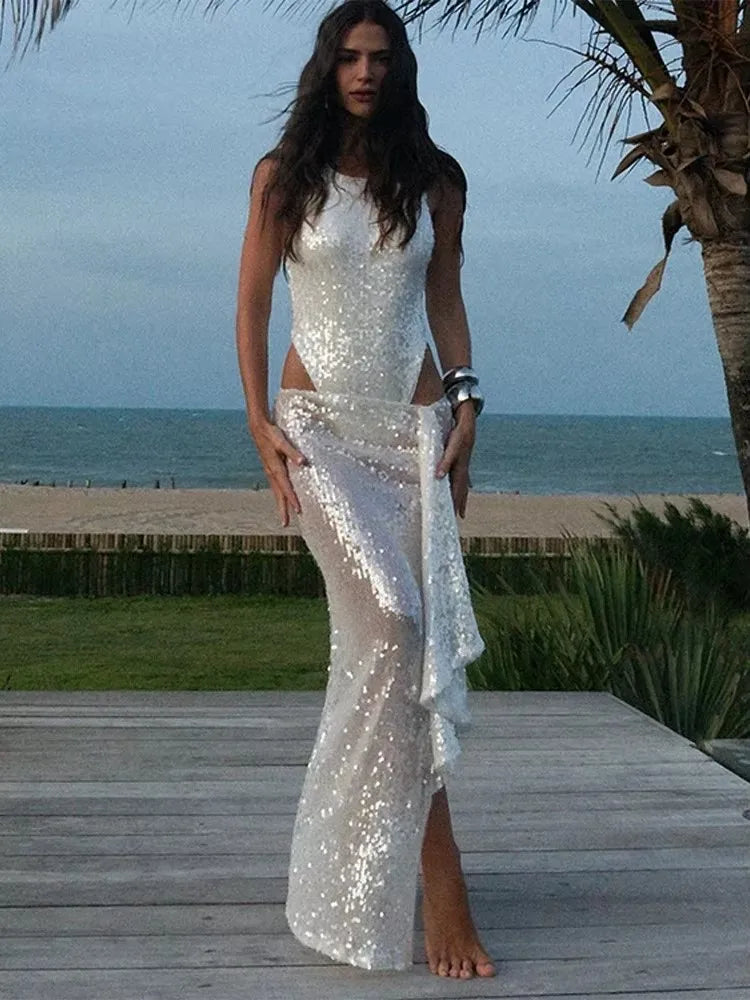 NEW Arrivals UK Size Sequins Glitter Skirt Set Woman New Summer Sexy Sleeveless Tank Jumpsuits + Ribbon Side Split Long Skirts Party Holiday Sets Evening Beach Party Night Club Outfit