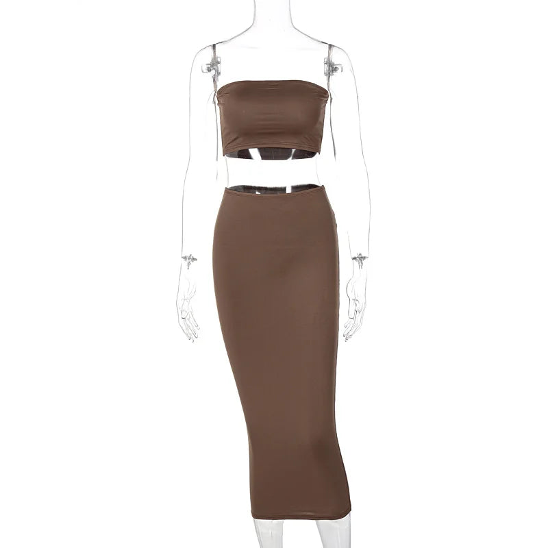 2 PCS Set  5 Colors  European Women's Summer New Fashion Bustier Top with Shrink Fit and Slimming Bodycon Clothes Party Festival Dress Set
