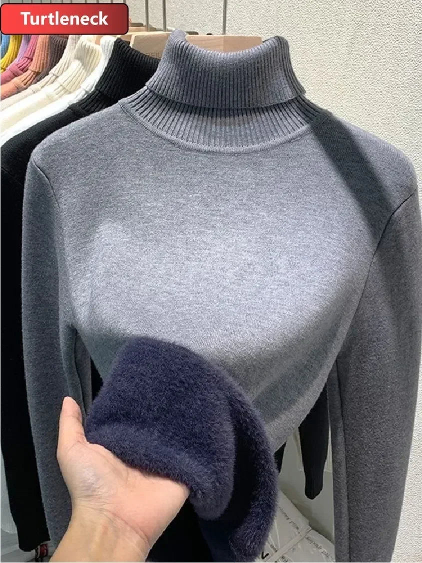 NEW Arrivals Sweater For Women Winter Thicken Turtleneck Slim Knit Pullover New Warm Plush Velvet Lined Knitwear Jumper Tops Casual Female Girls Luxury Fashion Clothing Supplies