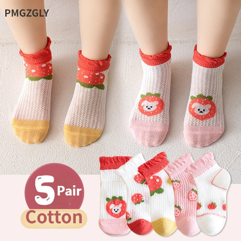 5 Pairs Set 0-12Y Summer Cotton Newborn Kids Socks Cute Cartoon Thin Mesh Baby Short Socks Dinosaur Bear Children Socks for Boys Girls Apparel Accessories