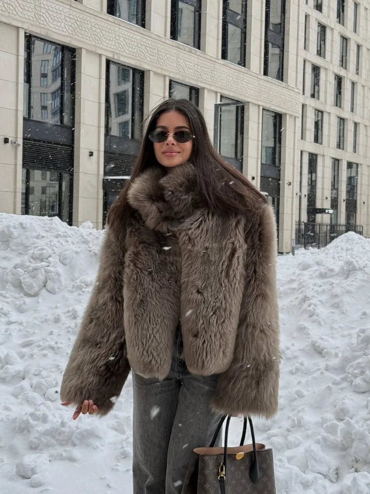 NEW Woman Brown Plush Fur Thick Coat Stand Up Collar Loose Short Jacket Lady Autumn Winter Casual Fashion Commuter Outwear