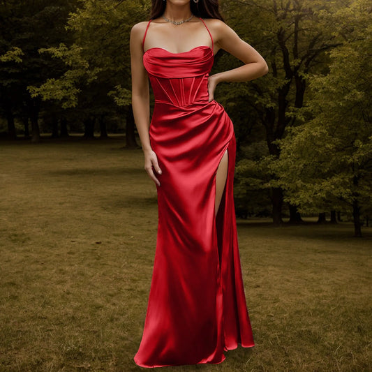 NEW Arrivals 5 Colors Elegant Women Sexy Satin Maxi Dress Silky Strap Corset Push Up Fishbone Ruched Slit Evening Party Long Dresses For Women