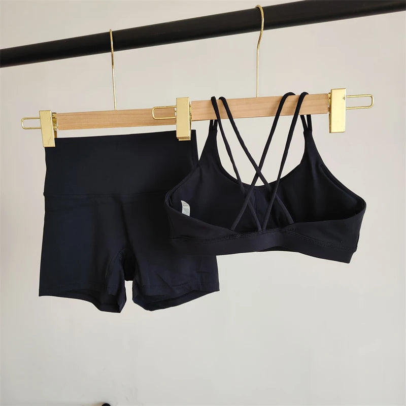 NEW Arrivals 2PCS Set Pilates Yoga Fitness Shorts Suit Solid Color Gym Women's High Waist Tight Sportswear Running Hot Girl Fitness Suit Female Sports Clothing Supplies