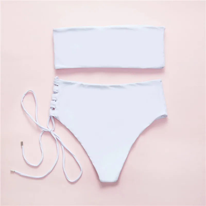 Solid color sexy tube top strap swimwear women  bikini set