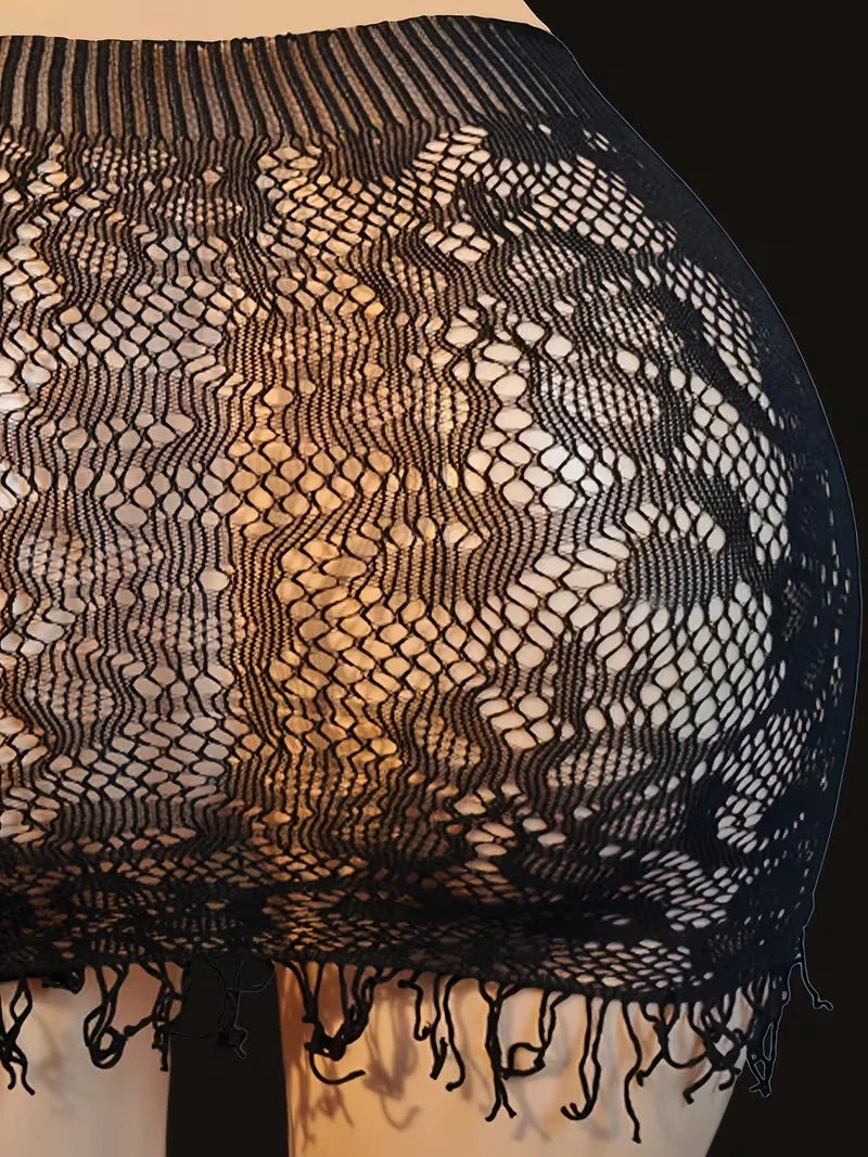 2 PCS Set Sexy Women Fishnet See Through Cover Ups Hollow Out Bodycon Women's Swimwear Tassel Dress Bikini Beachwear Bathing Suit