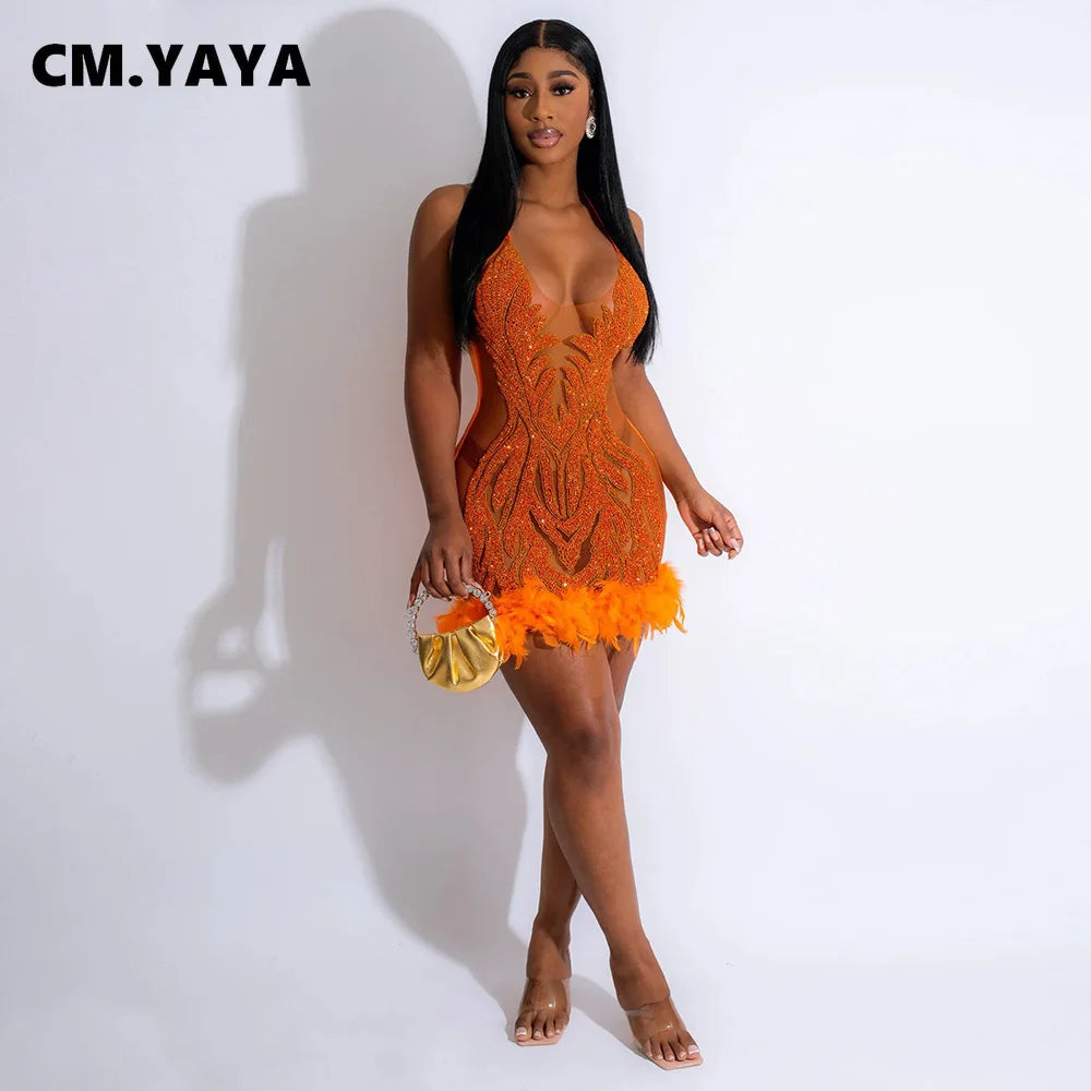 5 Colors S-2XL Women Sequined See Through Feather Strap INS Bodycon Mini Dress Spring Summer Sexy Night Party Club Prom Dresses