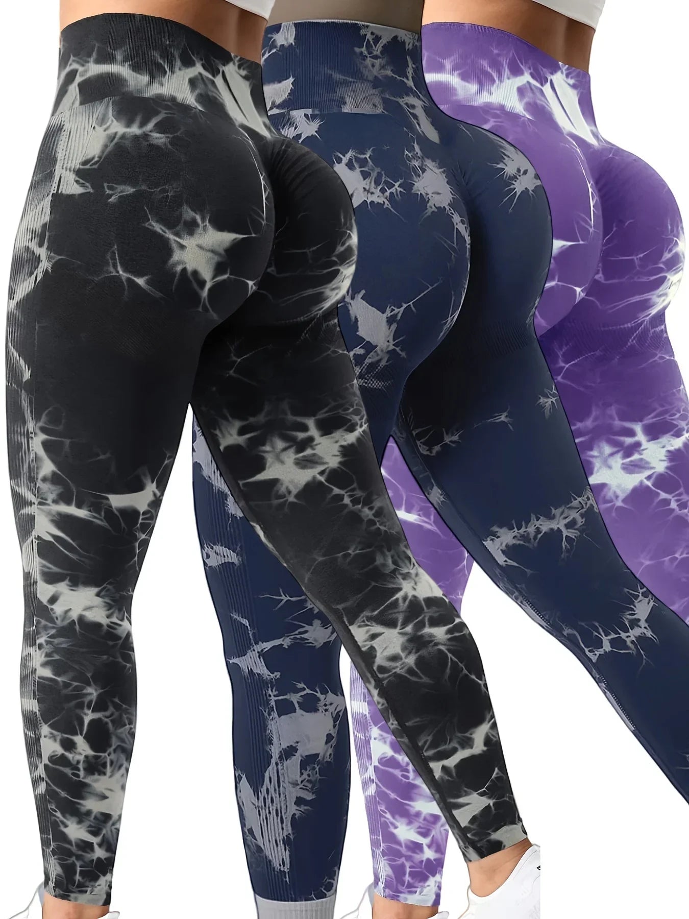 NEW Arrivals 3 PCS Set S-XL High-Waisted Tie Dye Seamless Leggings for Women - Ultra Comfortable, Scrunch Butt Lifting, Wide Waistband, High Stretch Women Sports Apparel Sets