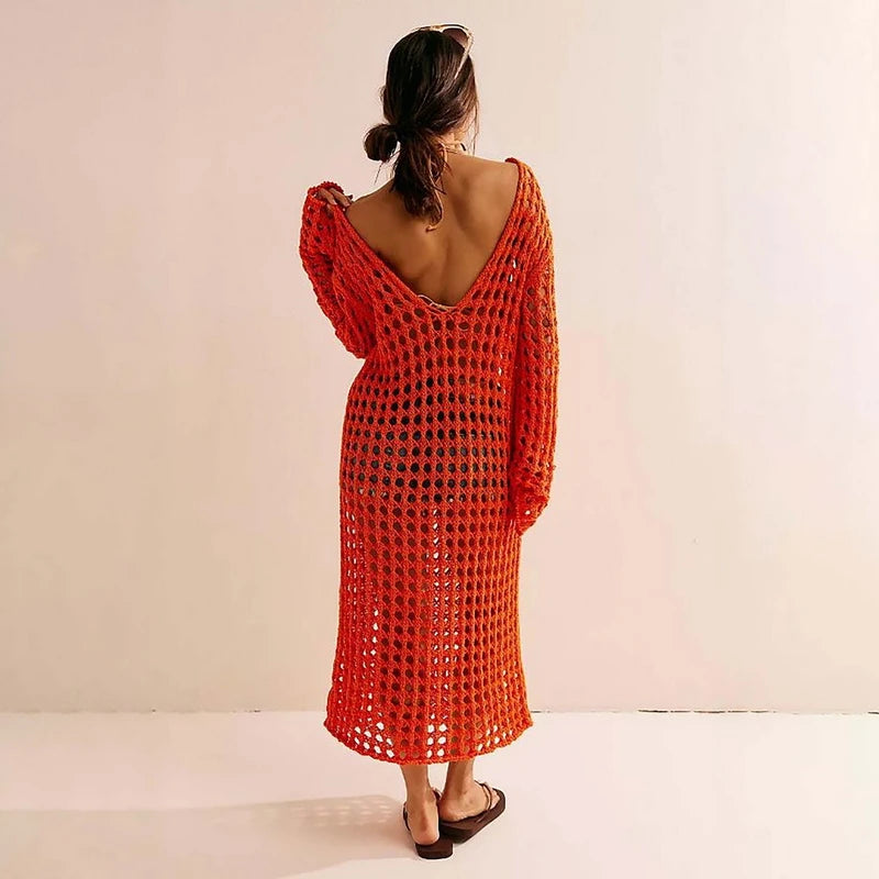 NEW Arrivals UK Size Beige/Orange Para Praia Hollow Out Knitted Long Dress Beach Dress Bikini Cover Swimwear Cover Ups Sexy Beach Outfits for Women Beachwear