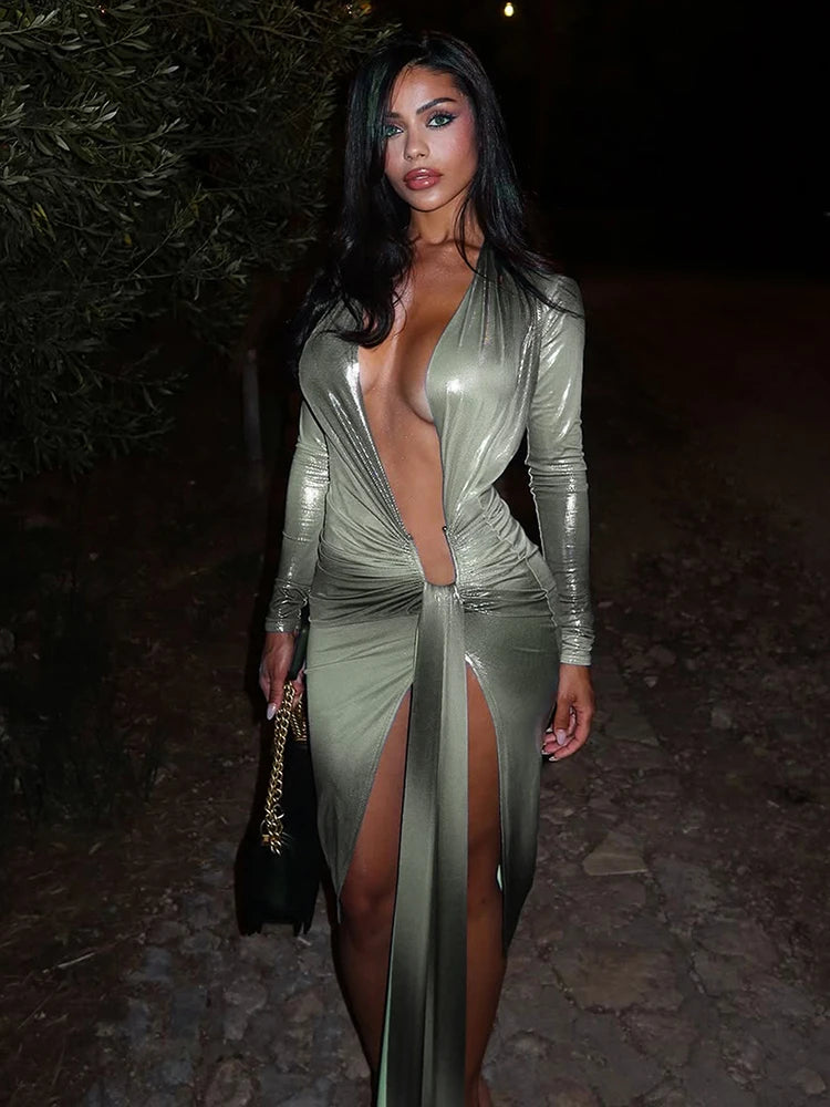 Sexy Silky Split Dress Women Irregular Ribbon Gradient Color Deep V-Neck Coquette Hottie Street Elegant Slim Bodycon Evening Party Night Clubwear Female Outfit