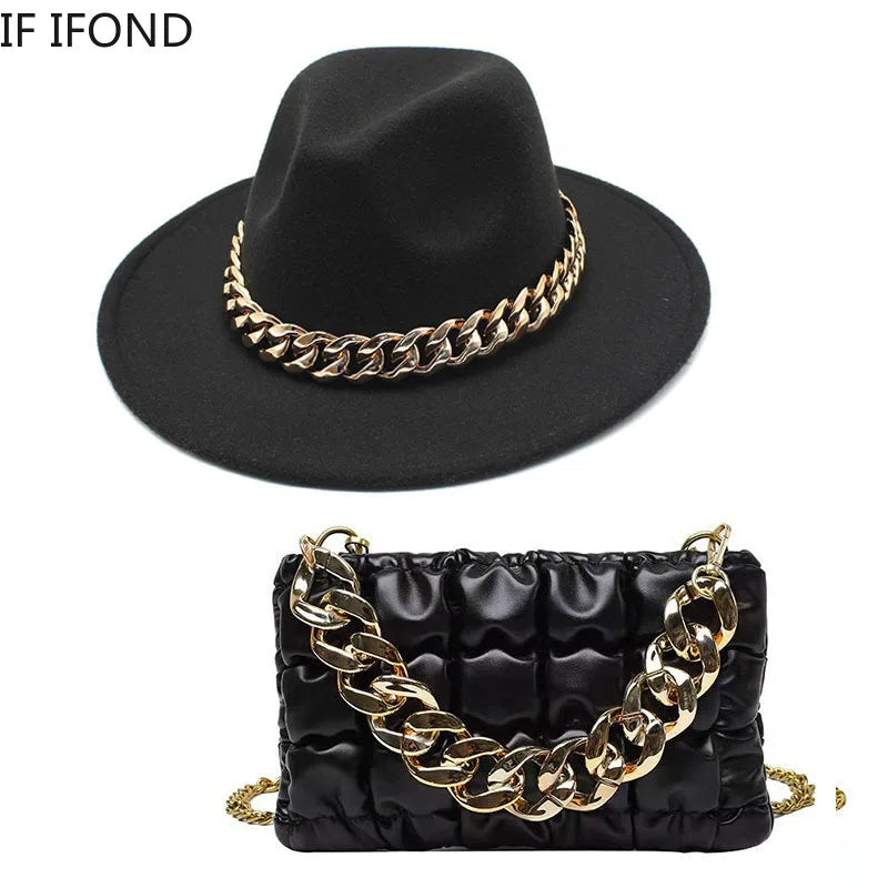 Women Oversized Chain Accessory Bag And Fedoras Hat 2-piece Sets Fashion Luxury Party Wedding Jazz Hat