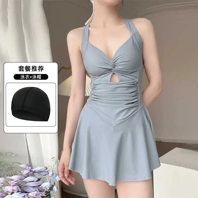 4 PCS Set Women's Swimsuit Dress + Swimming Cap + Goggles + Mobile Phones Bag + Nose Clip Earplugs Conservative Slimming Korean Style Sporty Hot Spring Swimming Suit Pure Color Skirt Style Gathered Bathing Sets