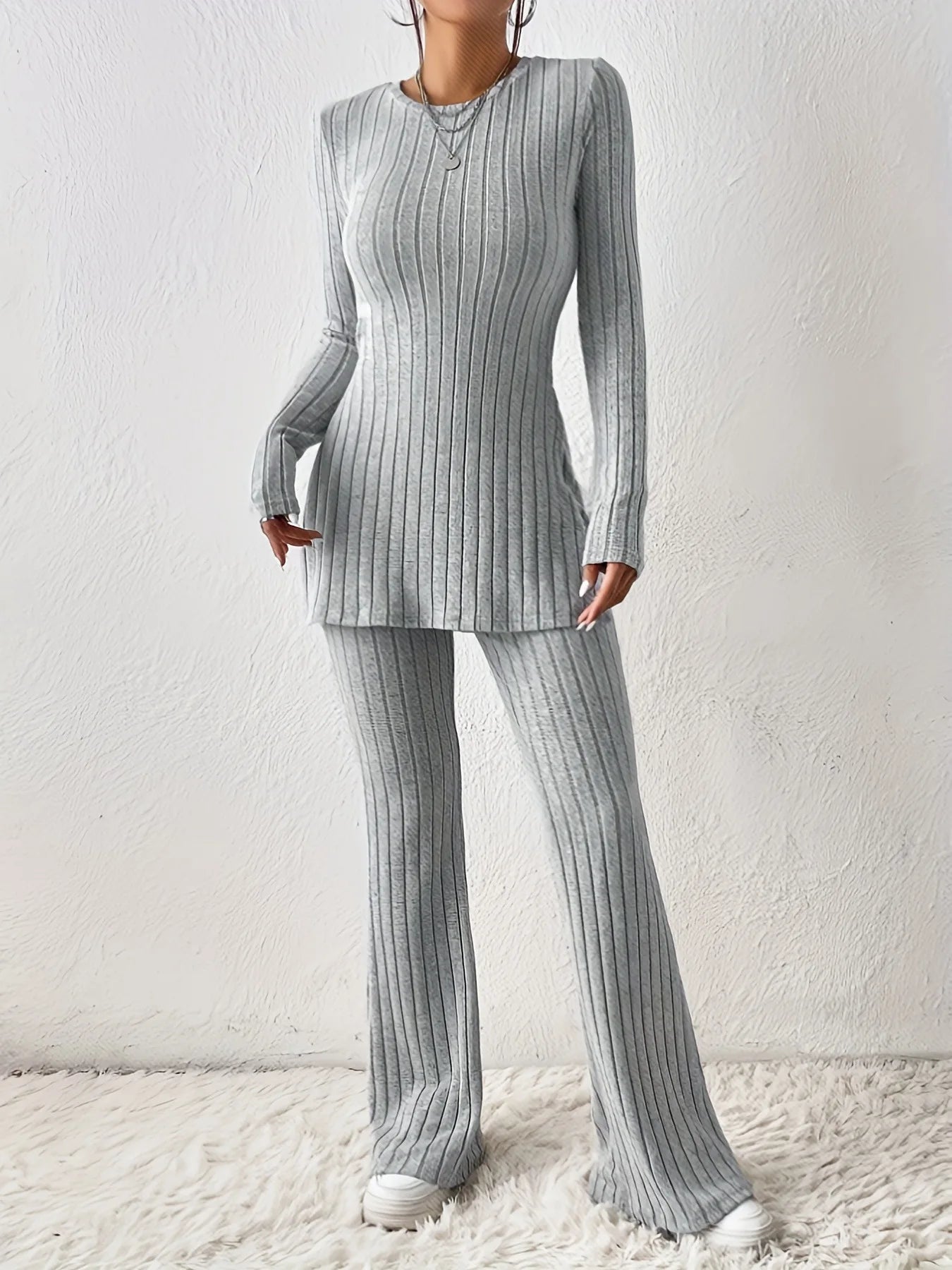 NEW 2PCS Set S-XL UK Size 4 Colors Women Top Straight Pants Suit Split Tops Trousers Ensemble Round Collar Autumn Winter Casual Outfits Female Sports Clothing Supplies