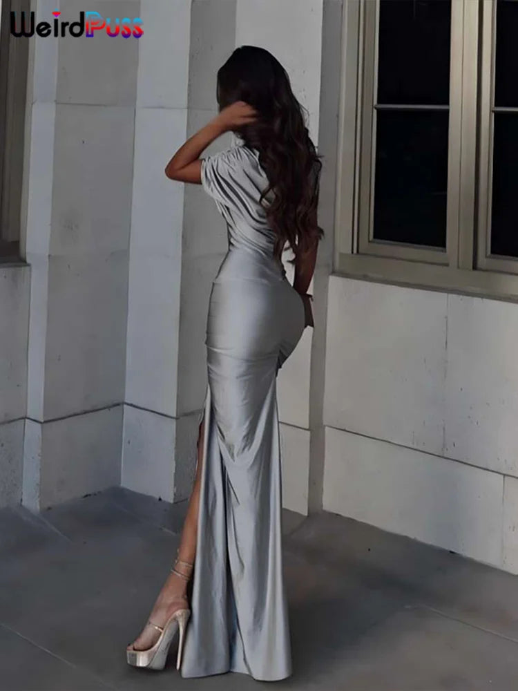 Low-Price Sales are Limited NEW Irregular Hollow Dress Women Ruch Diagonal Collar Shorts Sleeve Waistless Slits Street Trend Elegant Long Bodycon Evening Nightclub Party Outfits Girls Ladies Luxury Fashion Clothing Supplies