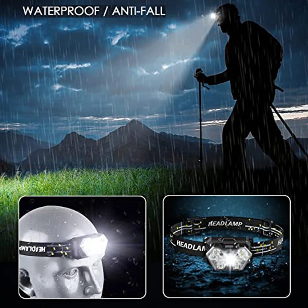 NEW Arrivals 9 Led 2000 Lumen Powerful Strong Light Headlamp USB Rechargeable Motion Sensor Headlight Portable Fishing Camping Sports Cycling Outdoor Hiking Head Lamp Work Flashlight