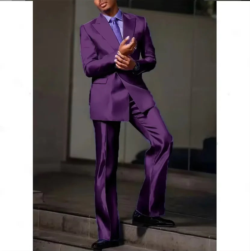 8 Colors 2 PCS Set S-7XL Extra Plus Size Luxury Men‘s Satin Suit Peak Lapel Slim Fit Tuxedo Jacket Straight Leg Pants Formal Outfit Wedding Prom Party Groom.