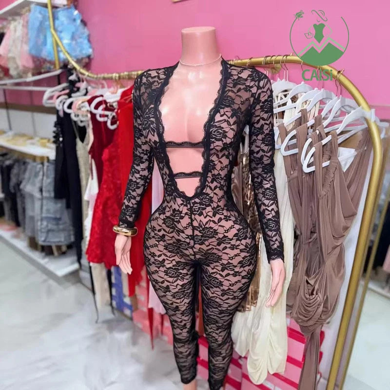 Just Arrived Sexy Black Lace See Through Long Sleeve Bodysuit Jumpsuit Women Clothes Night Clubwear Slim Fit One Piece Bodycon Mesh Playsuit
