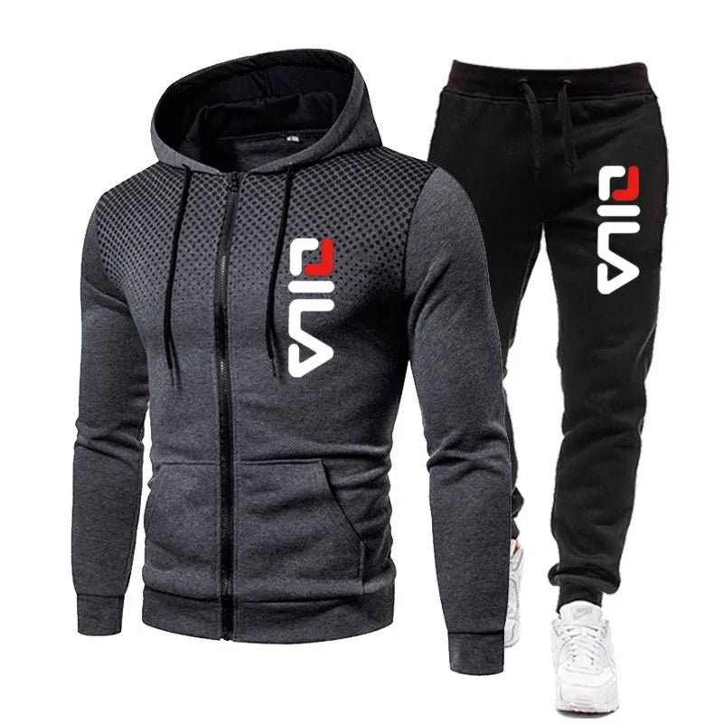 Men Tracksuits+Sweatpants Two Pieces Suits Winter Print Zipper Hooded Sweatshirt Casual Fitness Jogging Sports Pants Sets